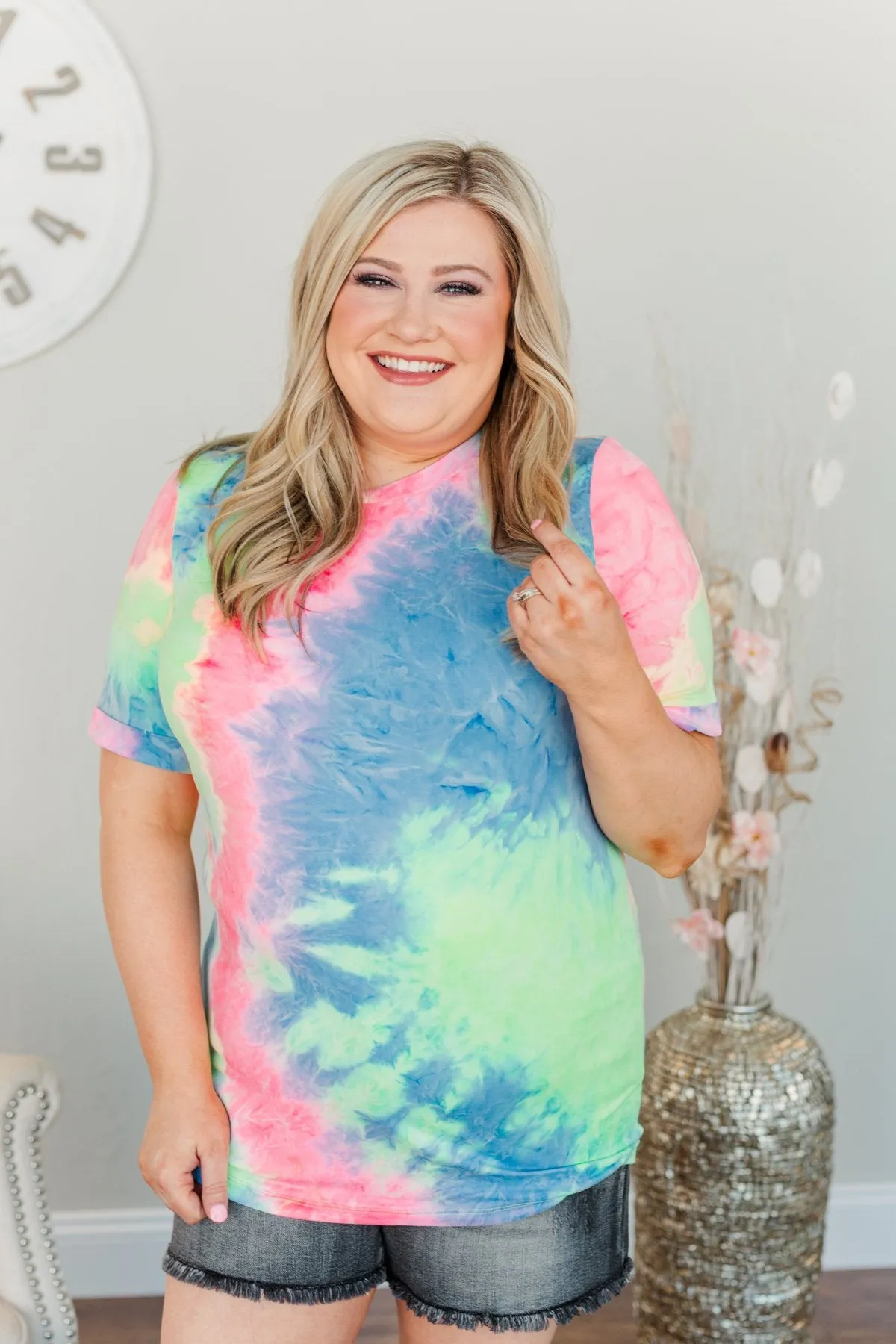 Enjoy The Little Things Tie Dye Top- Neon Yellow, Pink, & Blue