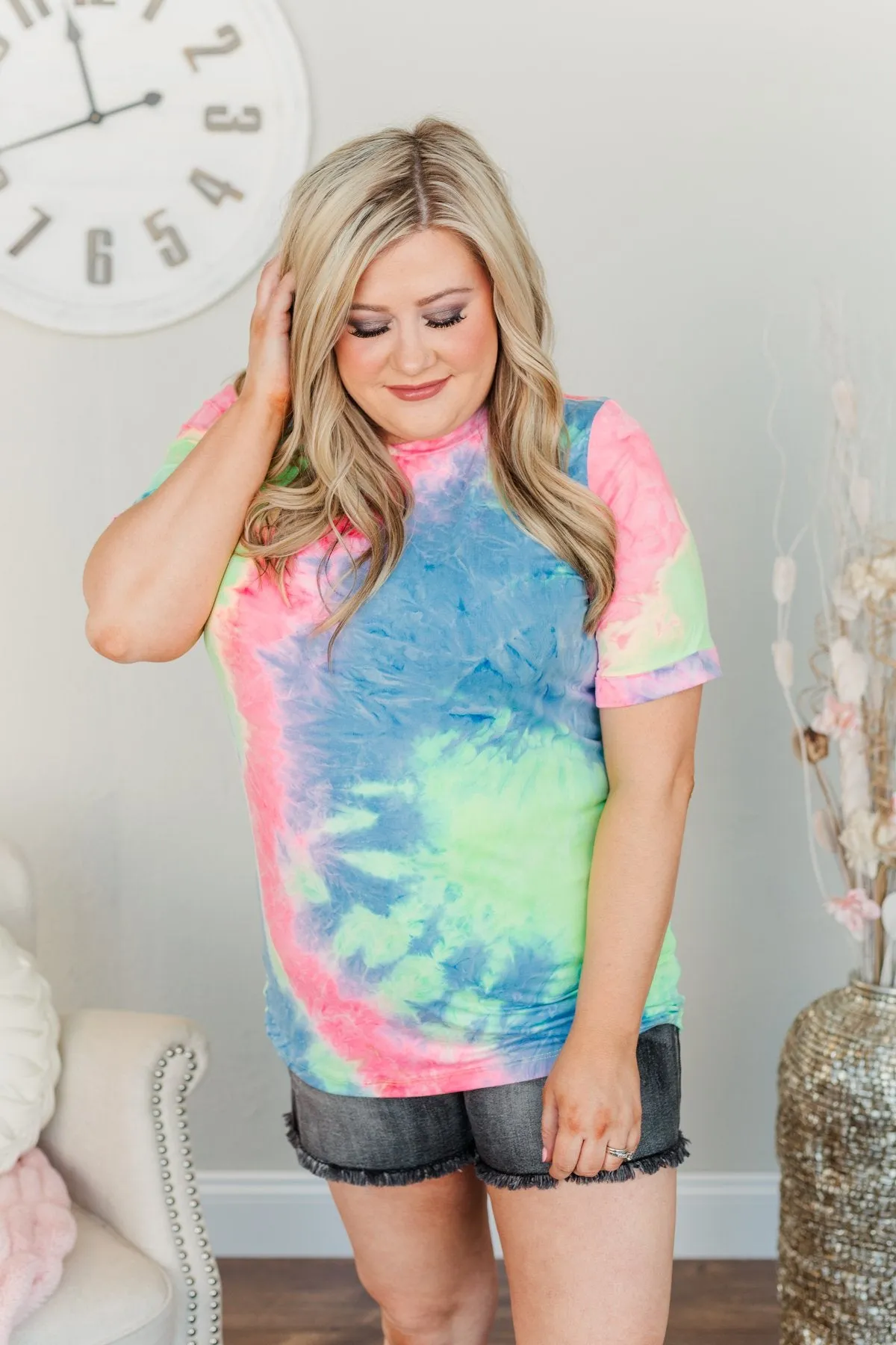 Enjoy The Little Things Tie Dye Top- Neon Yellow, Pink, & Blue
