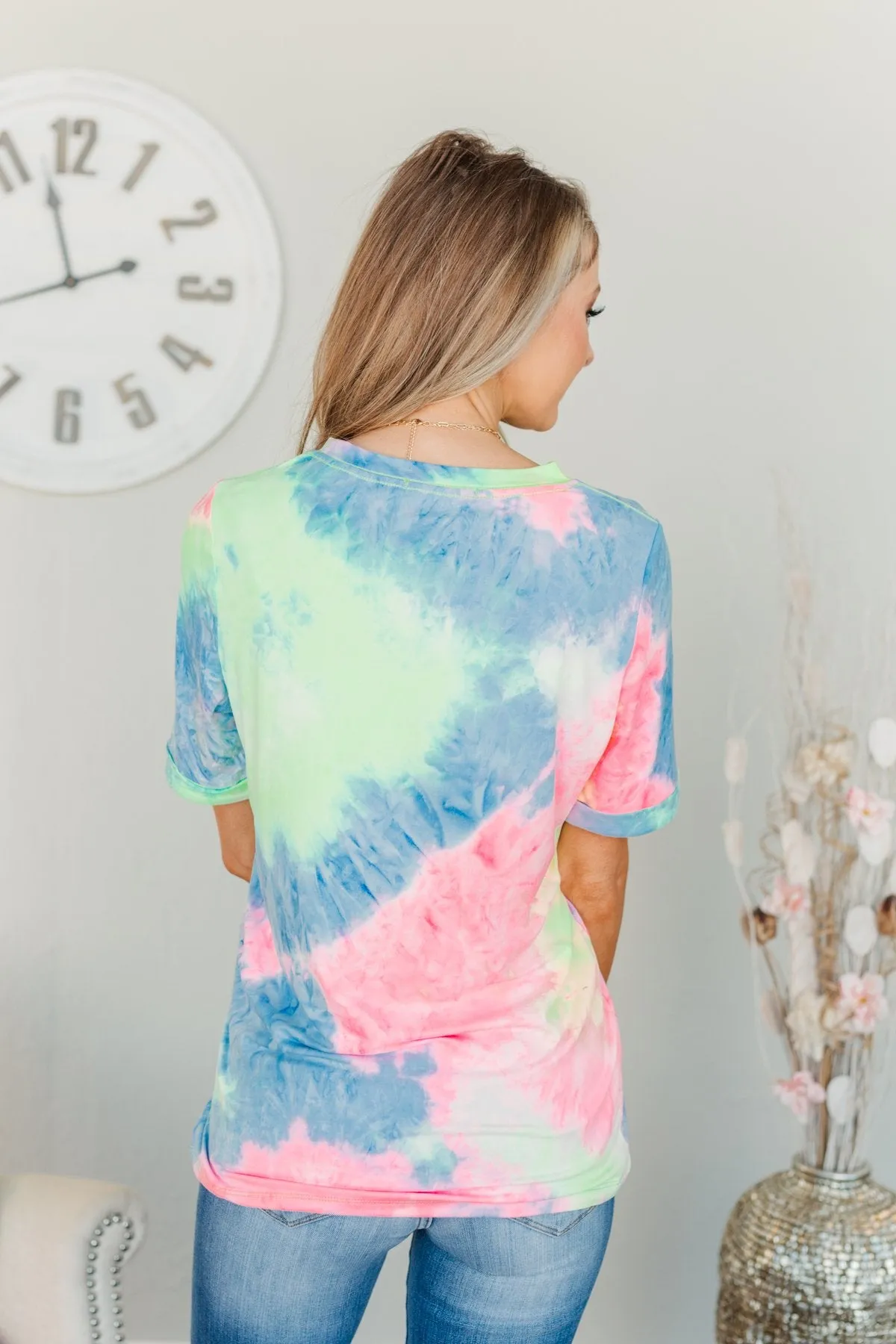 Enjoy The Little Things Tie Dye Top- Neon Yellow, Pink, & Blue