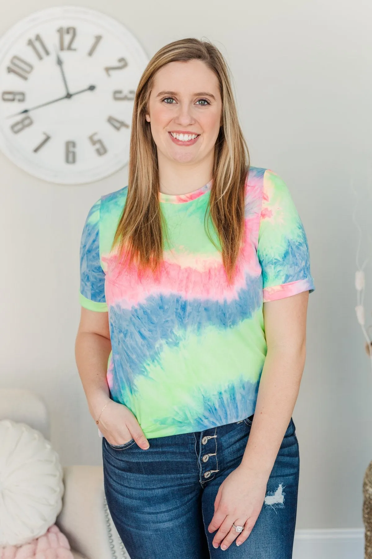 Enjoy The Little Things Tie Dye Top- Neon Yellow, Pink, & Blue