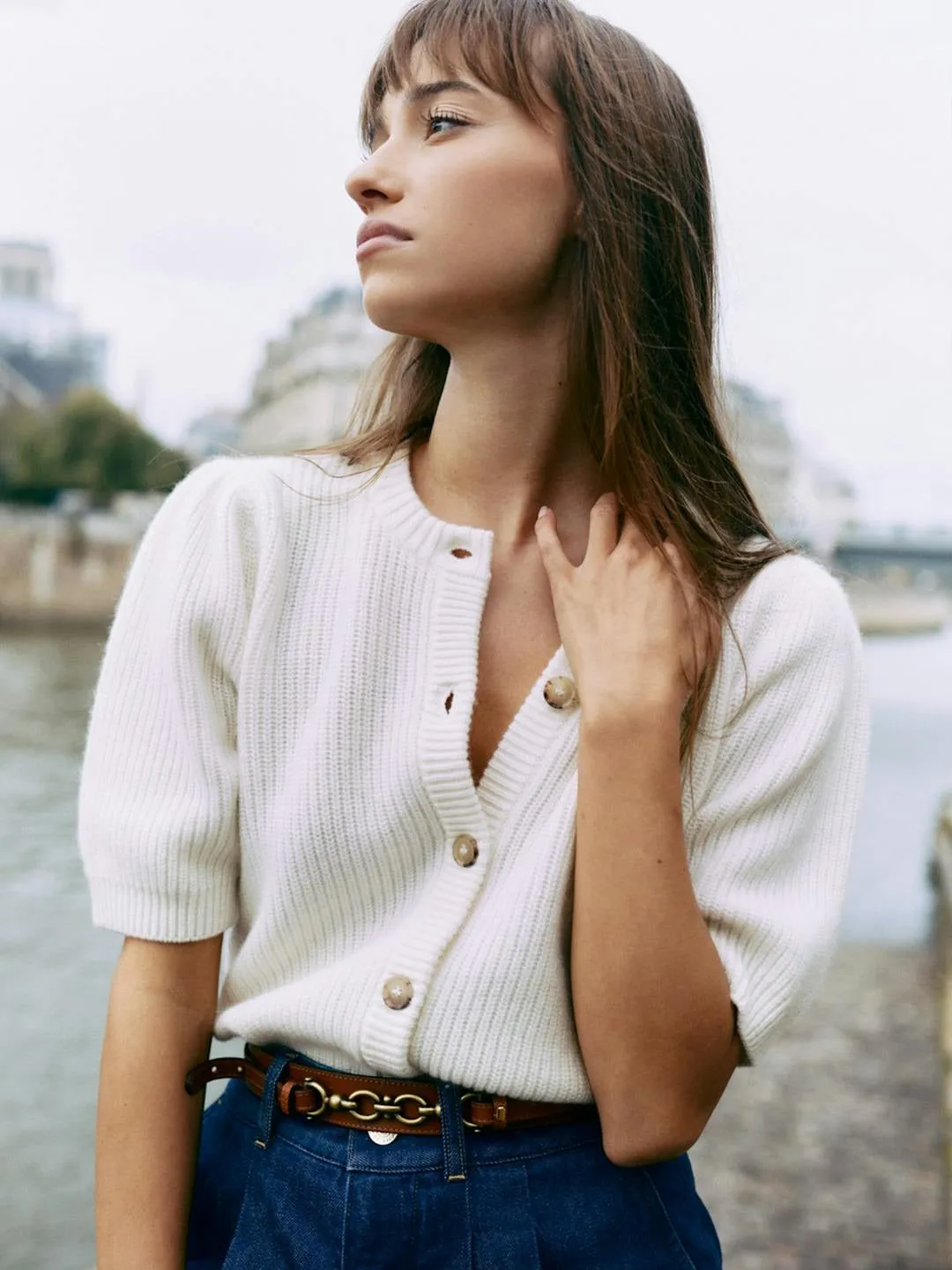 Frame Shrunken Short Sleeve Cardi in Cream