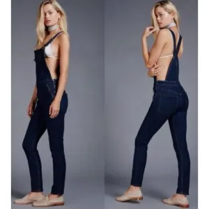 FREE‎ PEOPLE Kiley Slim Overalls Dark Wash Denim Jeans Zip Pockets Women's Sz 26