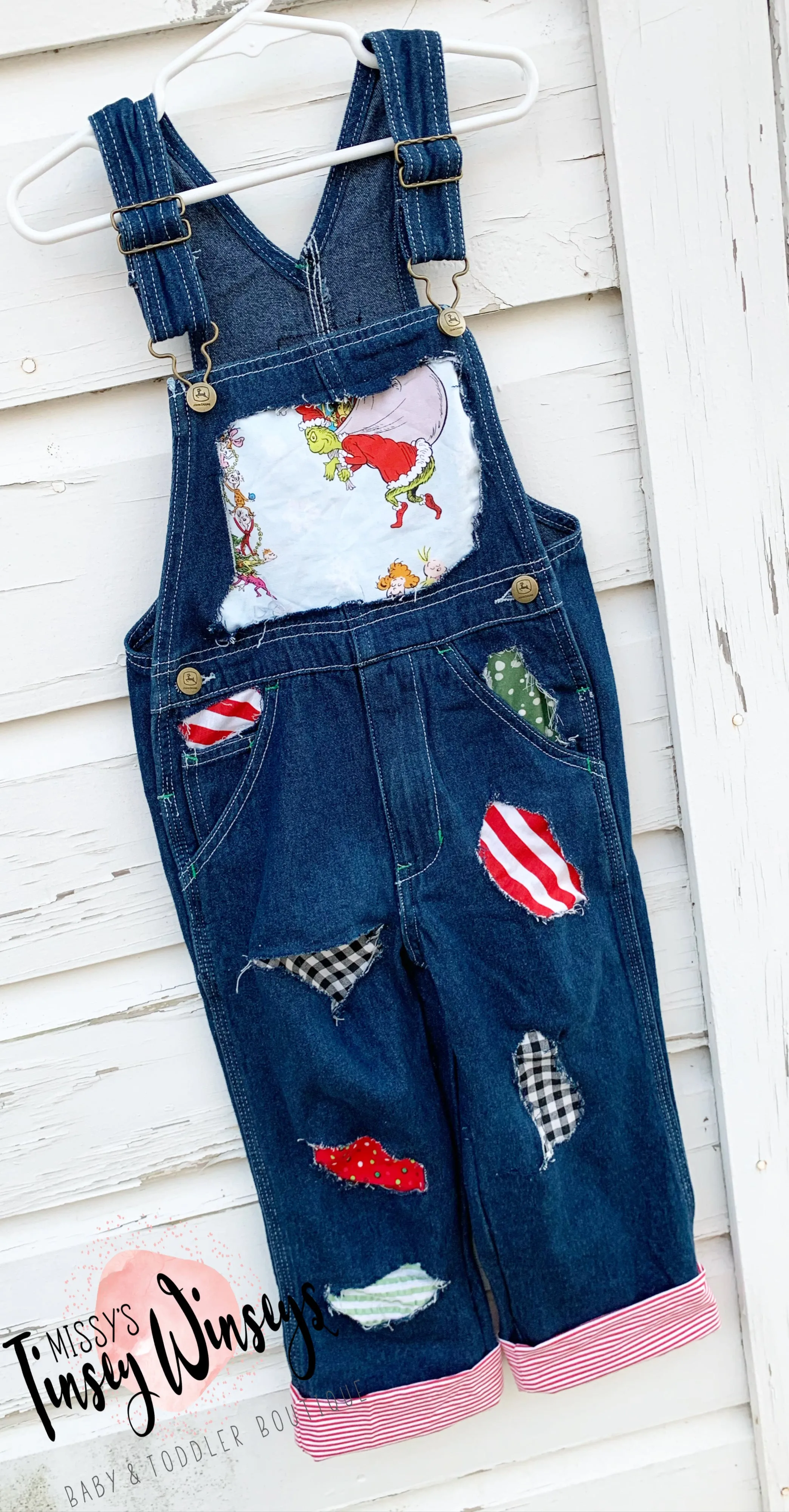 Grinch Distressed Denim Overalls