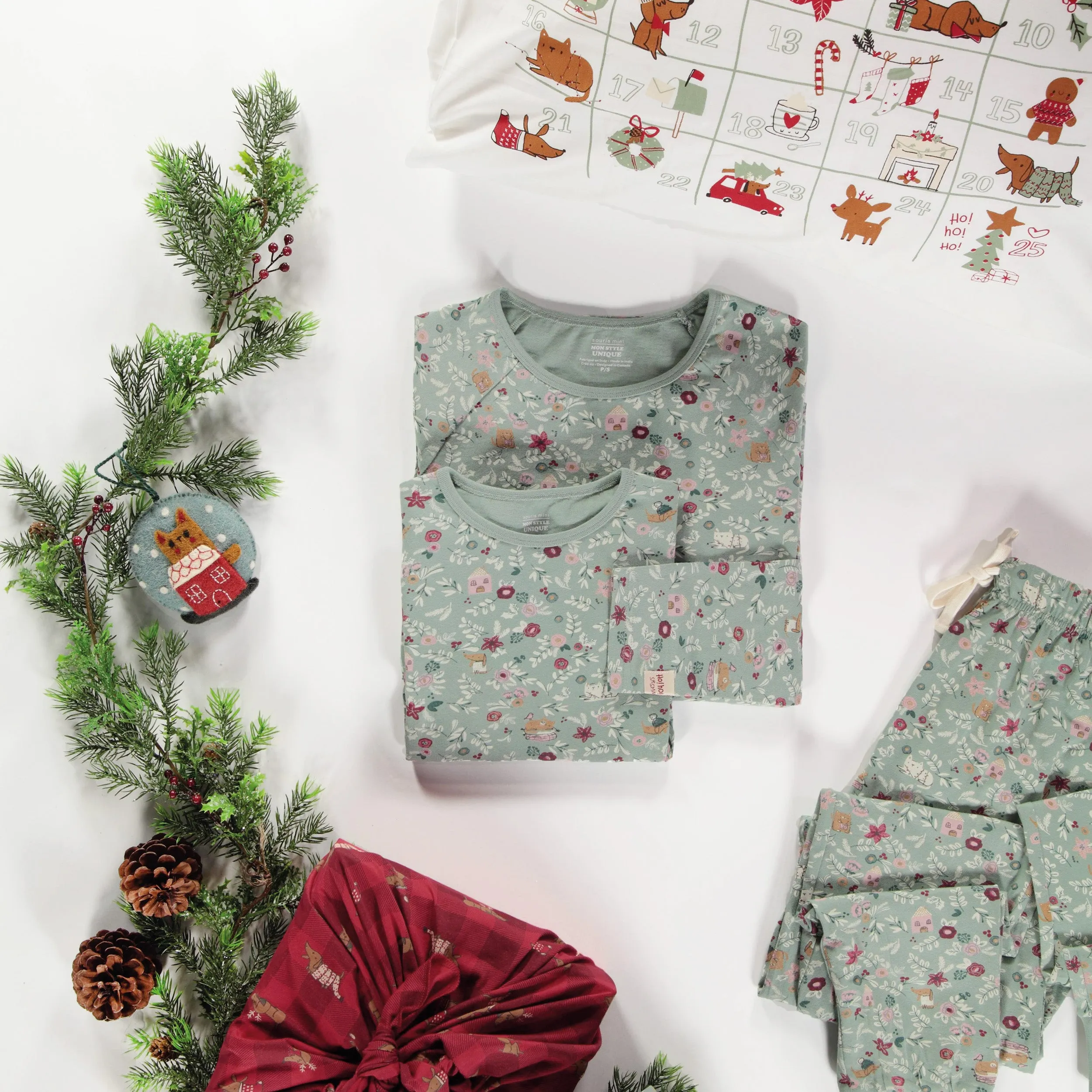 Haut de pyjama vert à motif à manches longues en coton, adulte || Long sleeved green patterned pajama top in cotton, adult