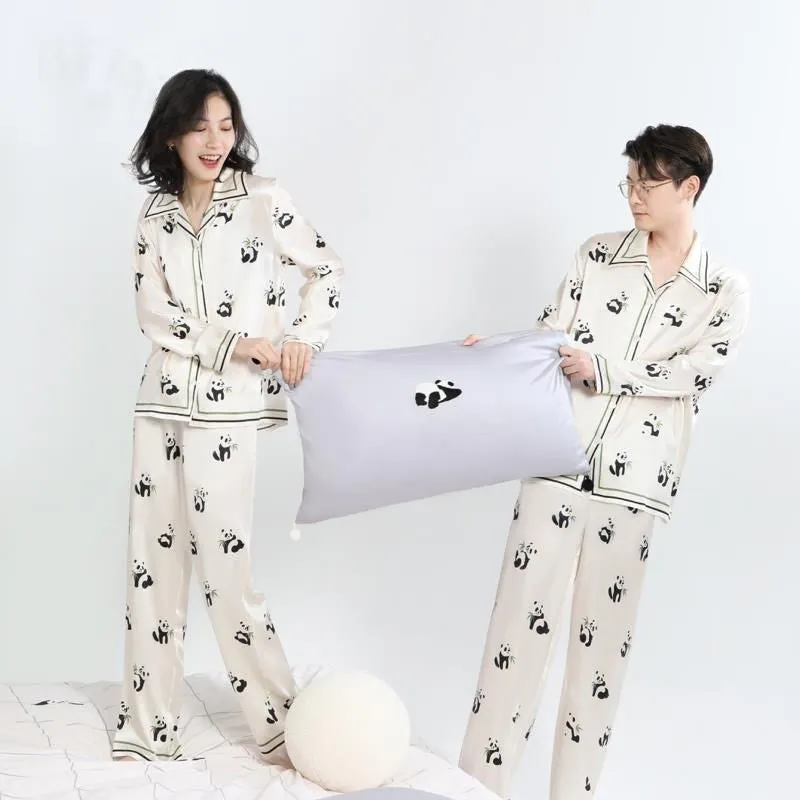 Ice Silk Panda Print Upper And Lower Pajamas