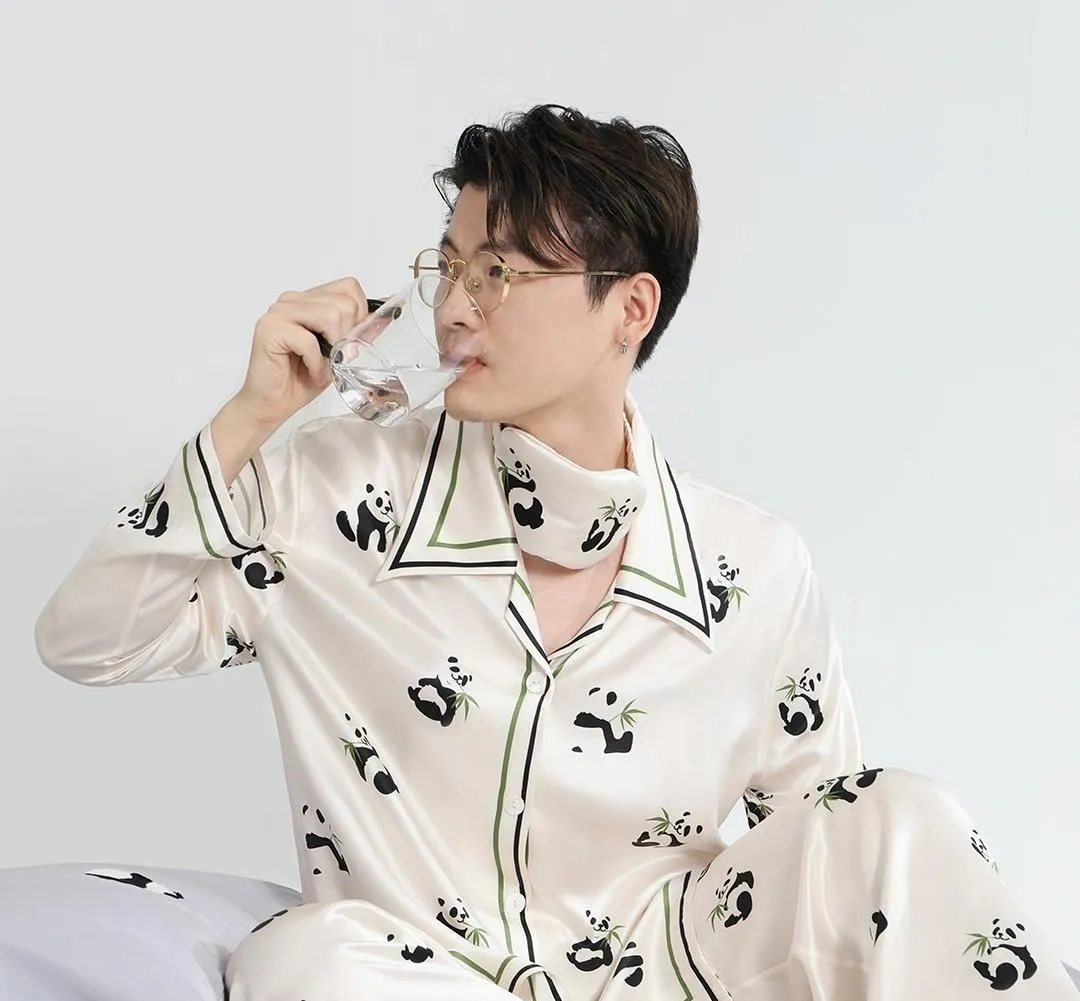 Ice Silk Panda Print Upper And Lower Pajamas