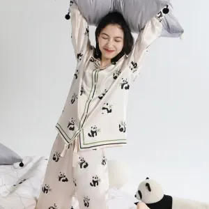 Ice Silk Panda Print Upper And Lower Pajamas