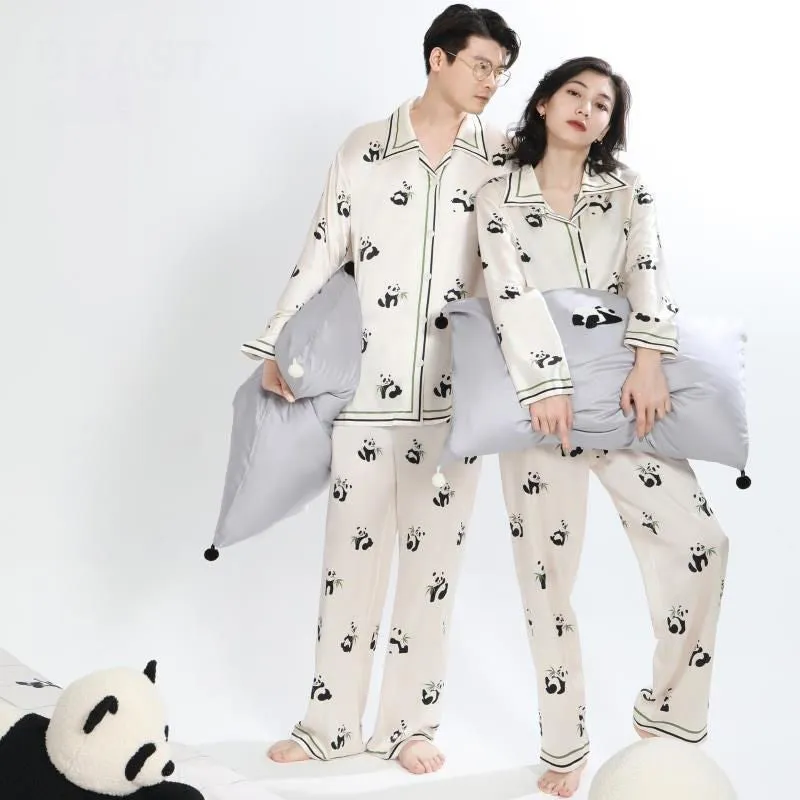Ice Silk Panda Print Upper And Lower Pajamas