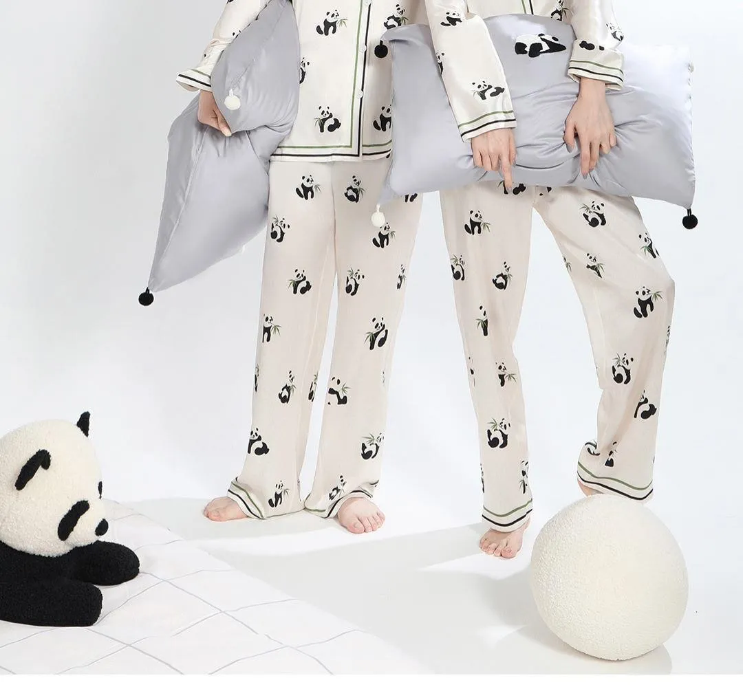 Ice Silk Panda Print Upper And Lower Pajamas