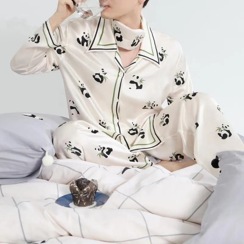 Ice Silk Panda Print Upper And Lower Pajamas