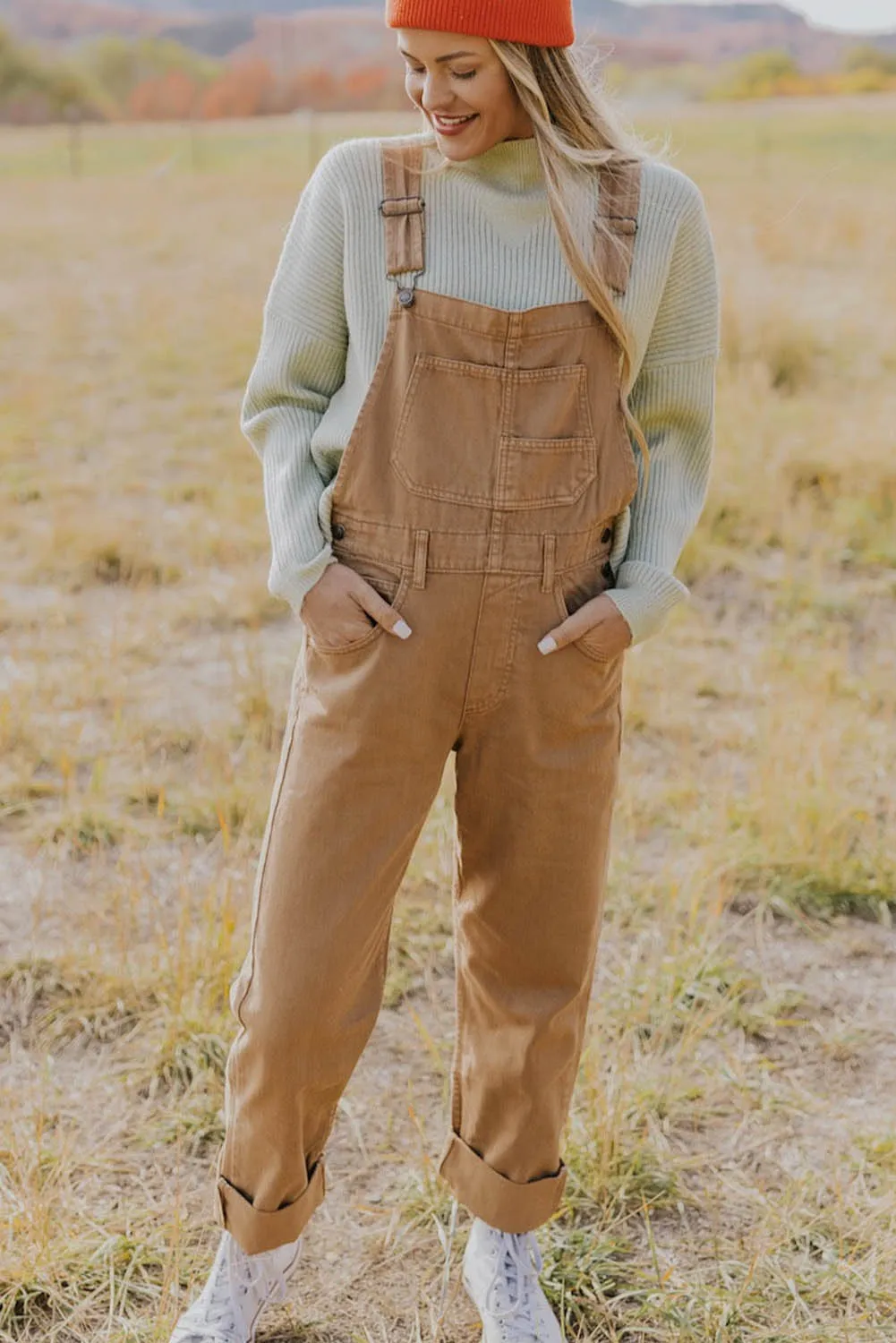 Khaki Multi Pocket Vintage Buckle Strap Denim Overalls