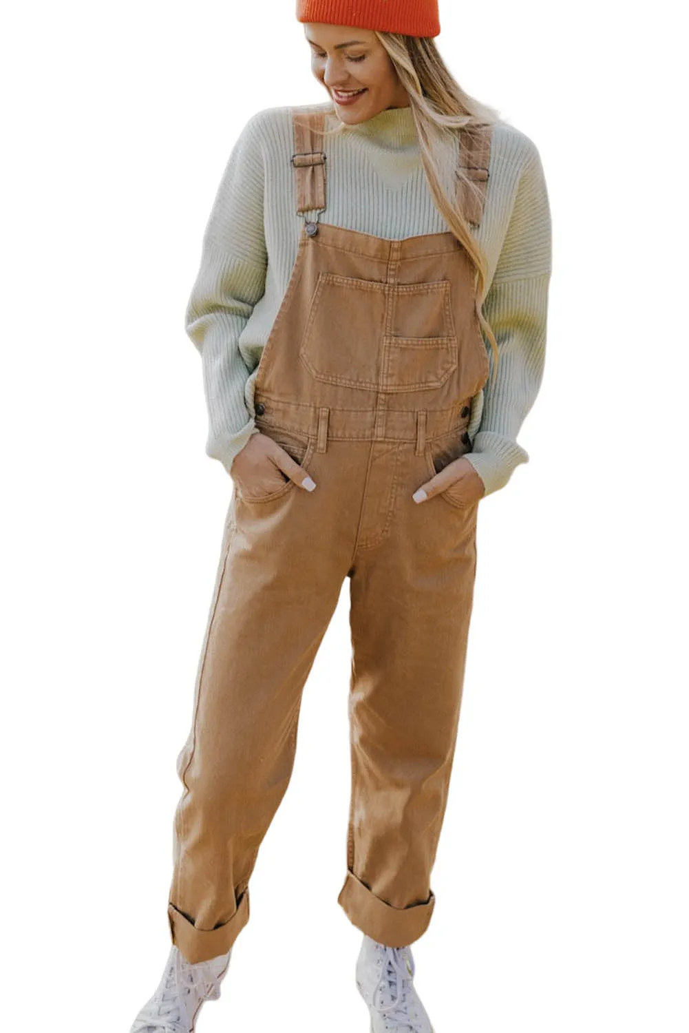 Khaki Multi Pocket Vintage Buckle Strap Denim Overalls