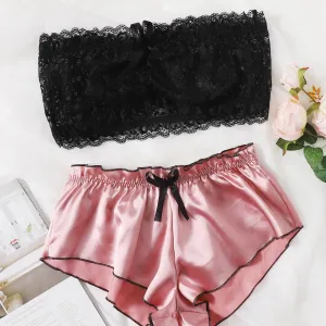 Kia Lace   Silk Pajamas - Black & Pink