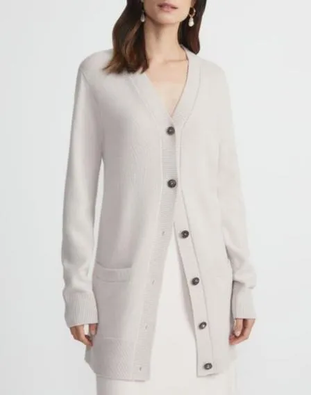 Lafayette 148 V-Neck Button Front Cardigan in Pearl