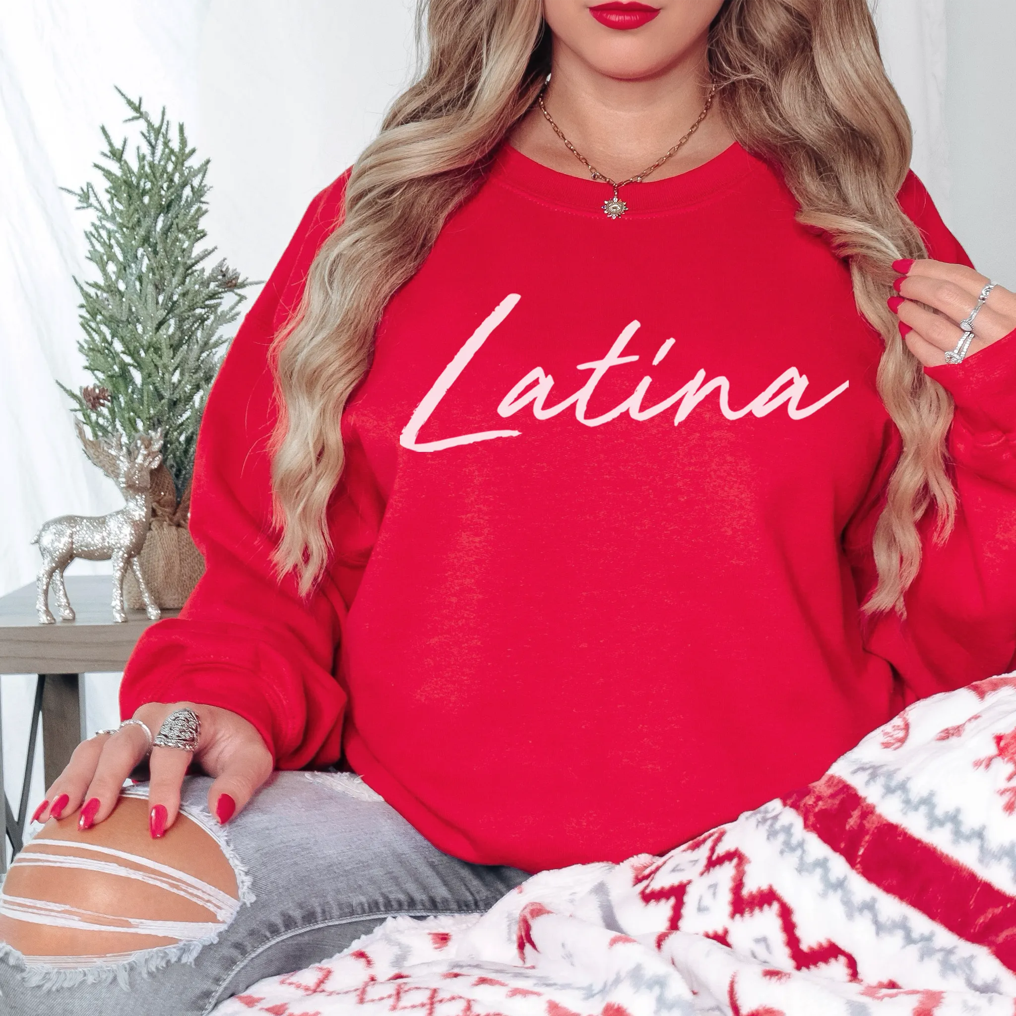 'Latina' Script Crewneck Sweatshirt - Red - Premium Brushed Fleece