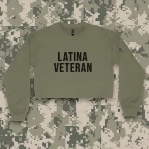 'Latina Veteran' Crop Top Crewneck w/Embroidered Mini USA Sleeve Patch - Military Green - Premium Brushed Fleece