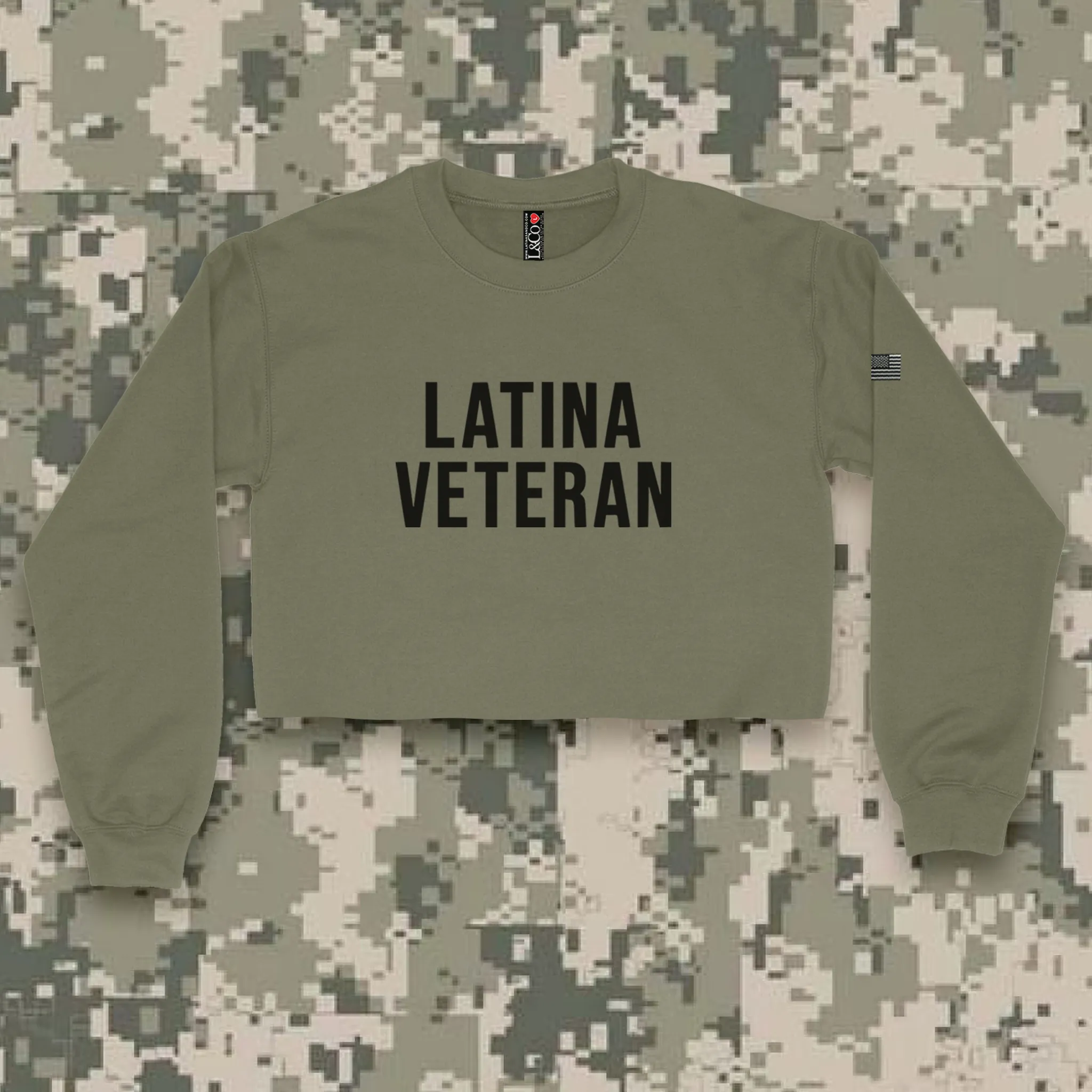 'Latina Veteran' Crop Top Crewneck w/Embroidered Mini USA Sleeve Patch - Military Green - Premium Brushed Fleece