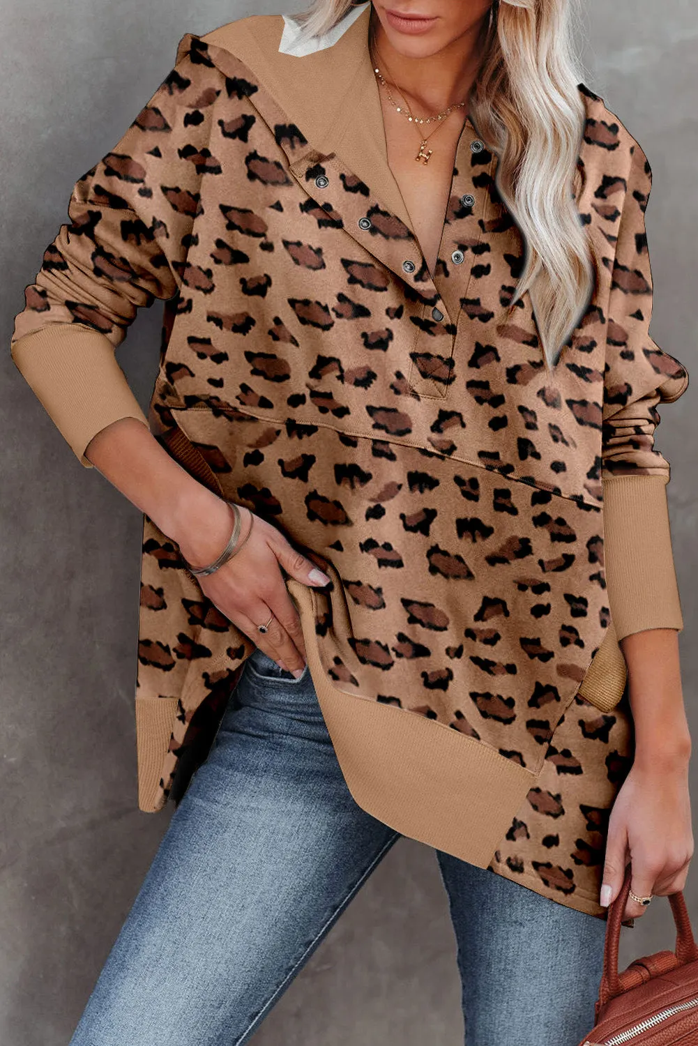 Leopard Print Ribbed Trim Half Button Hoodie
