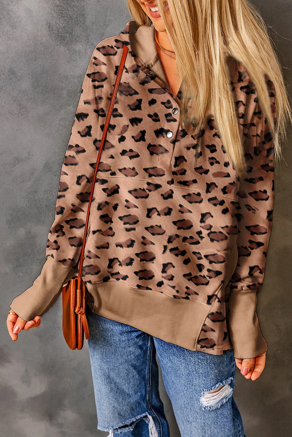 Leopard Print Ribbed Trim Half Button Hoodie