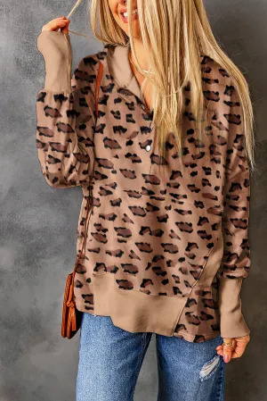 Leopard Print Ribbed Trim Half Button Hoodie