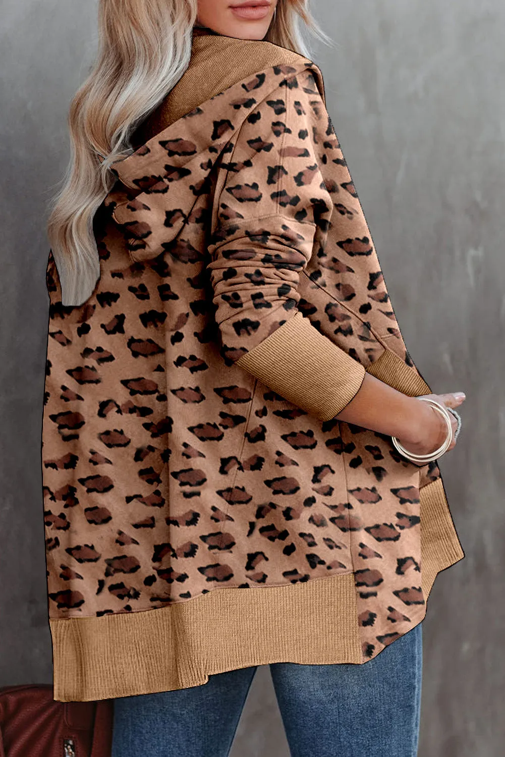 Leopard Print Ribbed Trim Half Button Hoodie