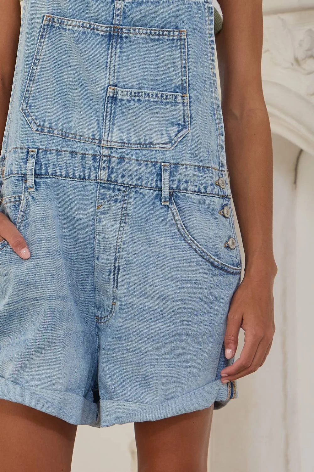 Light Denim Front bib pocket Rolled Hemlines Denim Overalls