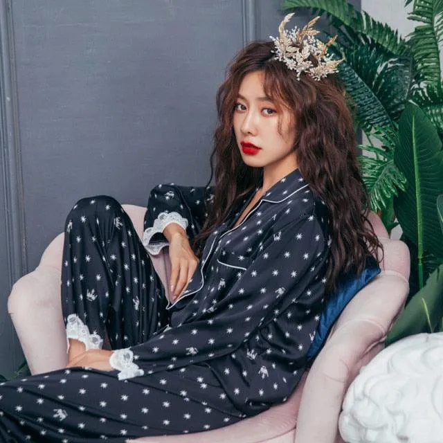 Lisacmvpnel Print Fashion Women Pajama Set Sweet Lace Cuff
