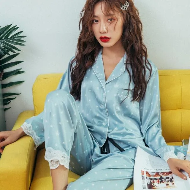 Lisacmvpnel Print Fashion Women Pajama Set Sweet Lace Cuff