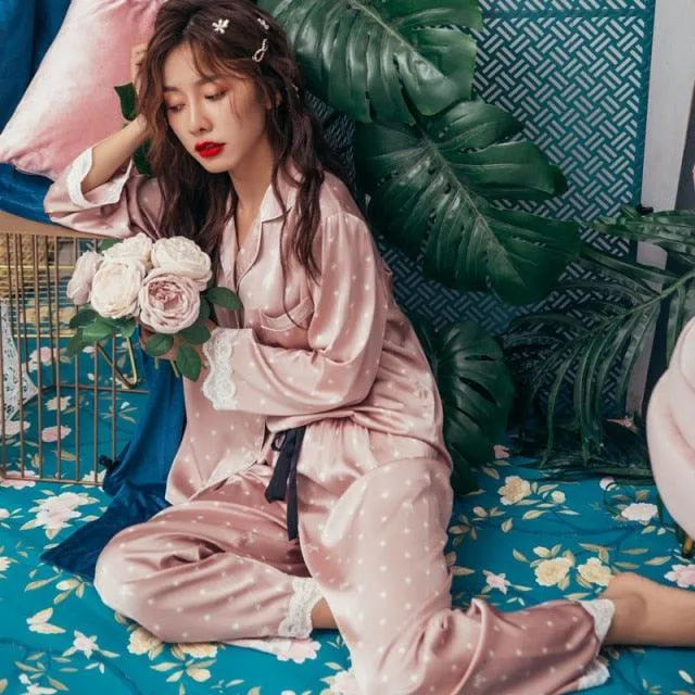 Lisacmvpnel Print Fashion Women Pajama Set Sweet Lace Cuff