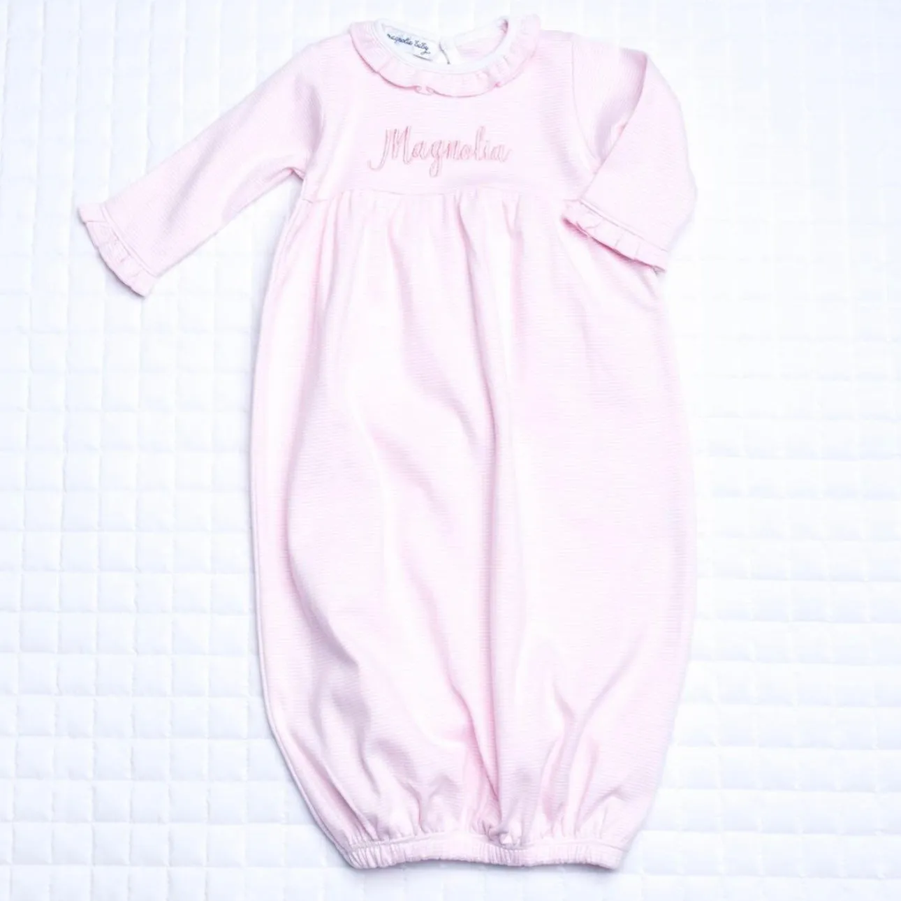 Magnolia Baby Mini Stripe Ruffle Gathered Gown - Pink