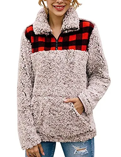 MIROL Women's Long Sleeve 1/4 Zipper Pullover Sherpa Fleece Winter Oversized Outwear Sweatshirt Coat with Pockets (S, Plaid Brown)