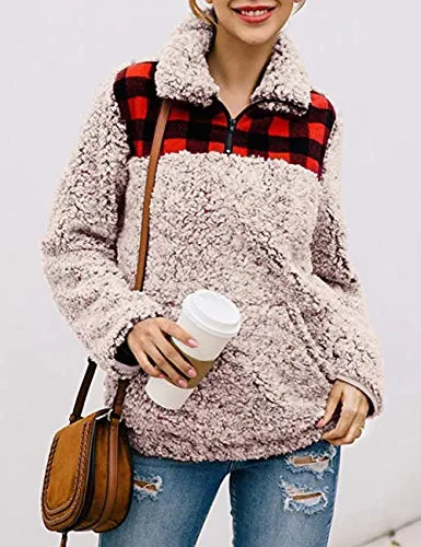 MIROL Women's Long Sleeve 1/4 Zipper Pullover Sherpa Fleece Winter Oversized Outwear Sweatshirt Coat with Pockets (S, Plaid Brown)