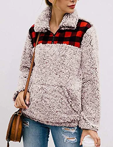 MIROL Women's Long Sleeve 1/4 Zipper Pullover Sherpa Fleece Winter Oversized Outwear Sweatshirt Coat with Pockets (S, Plaid Brown)