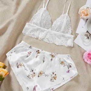 Miya Lace Silk Pajamas - White