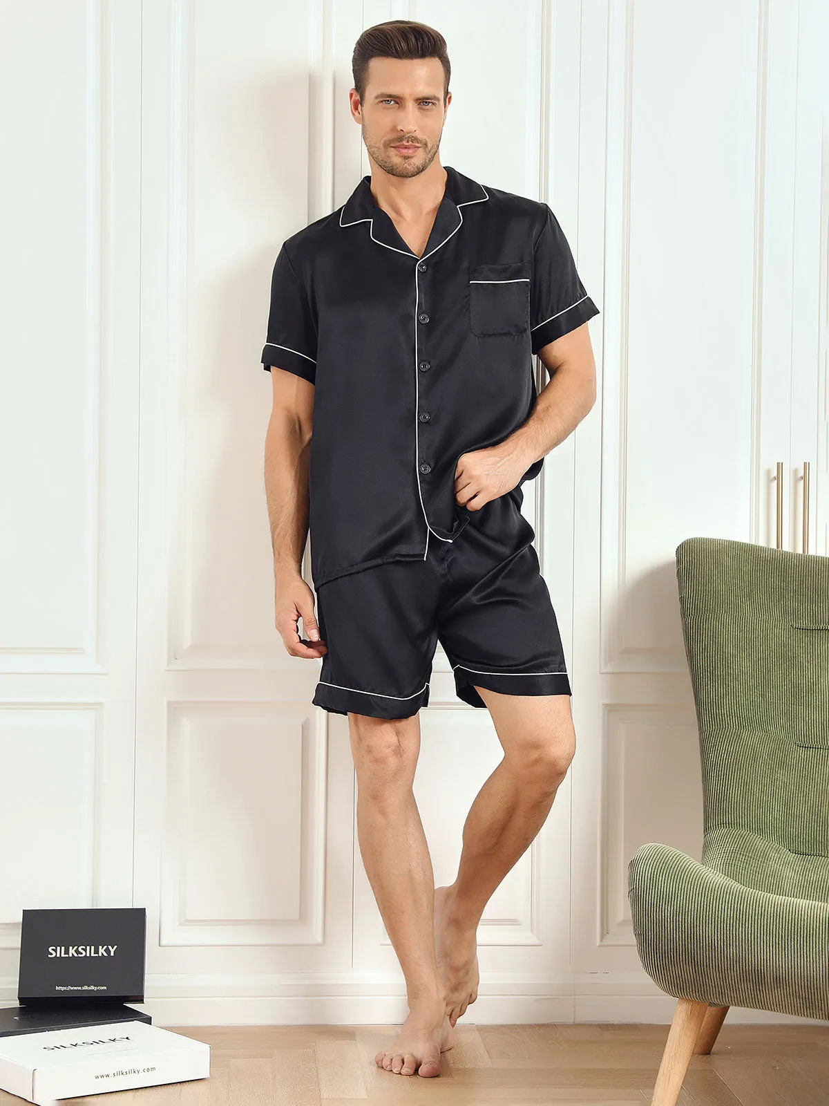 Moerbei Zijde Klassiekal Heren Kort Pyjamas 2Pcs