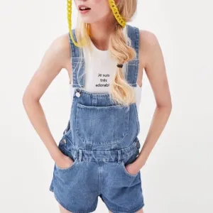 New ZARA Denim Short Overalls Romper Sz M