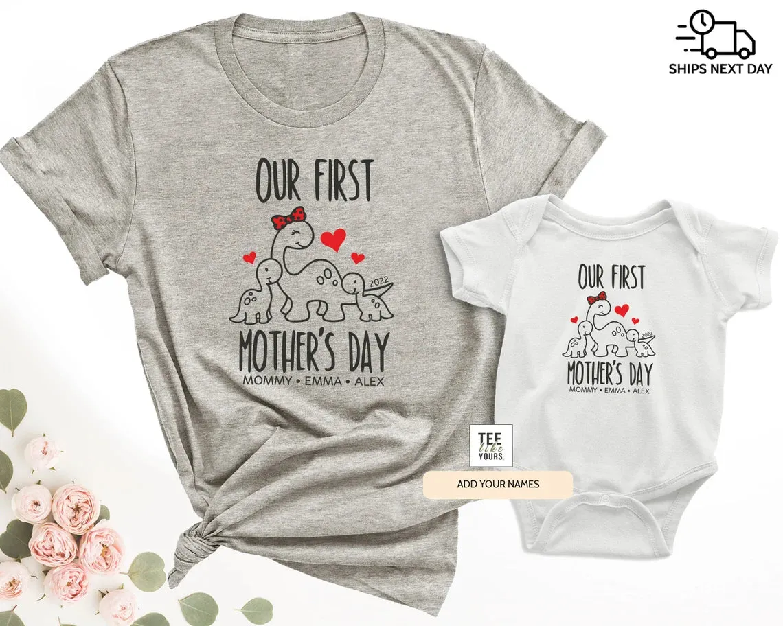 Our first Mother's day Personalized Matching Mommy & Me t-shirts - Mother's Day Gift, New Mom Shirt, Mother's day gift for Twin Mama, Unisex mamasaurus