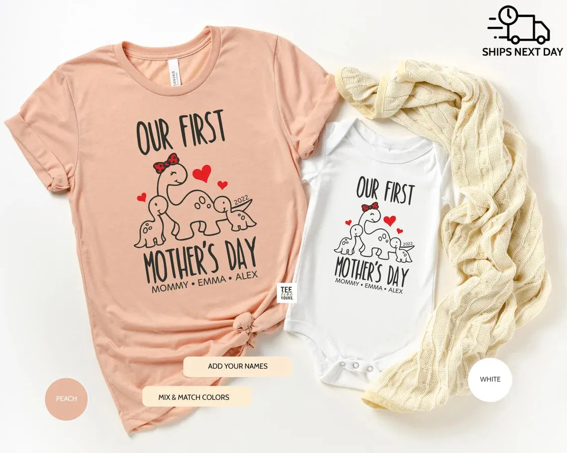 Our first Mother's day Personalized Matching Mommy & Me t-shirts - Mother's Day Gift, New Mom Shirt, Mother's day gift for Twin Mama, Unisex mamasaurus