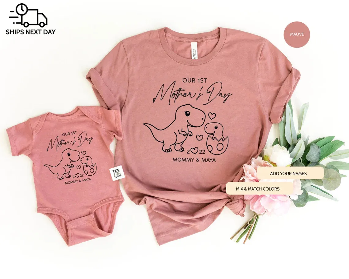 Our first Mother's day- T-Rex personalized matching Mommy and Me t-shirts, Mother's Day & new Mom gift, Dinosaur Mom Baby outfit, Unisex Dino Egg