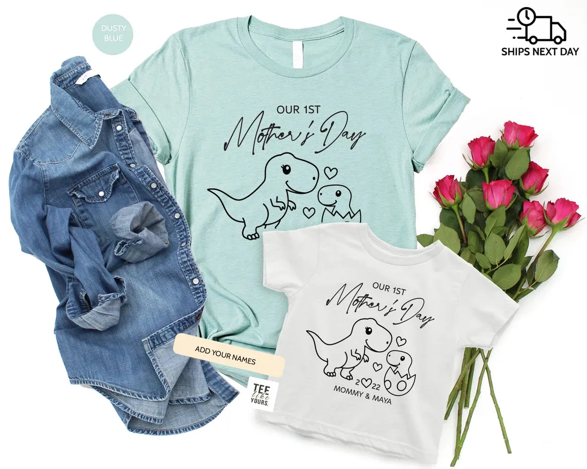 Our first Mother's day- T-Rex personalized matching Mommy and Me t-shirts, Mother's Day & new Mom gift, Dinosaur Mom Baby outfit, Unisex Dino Egg