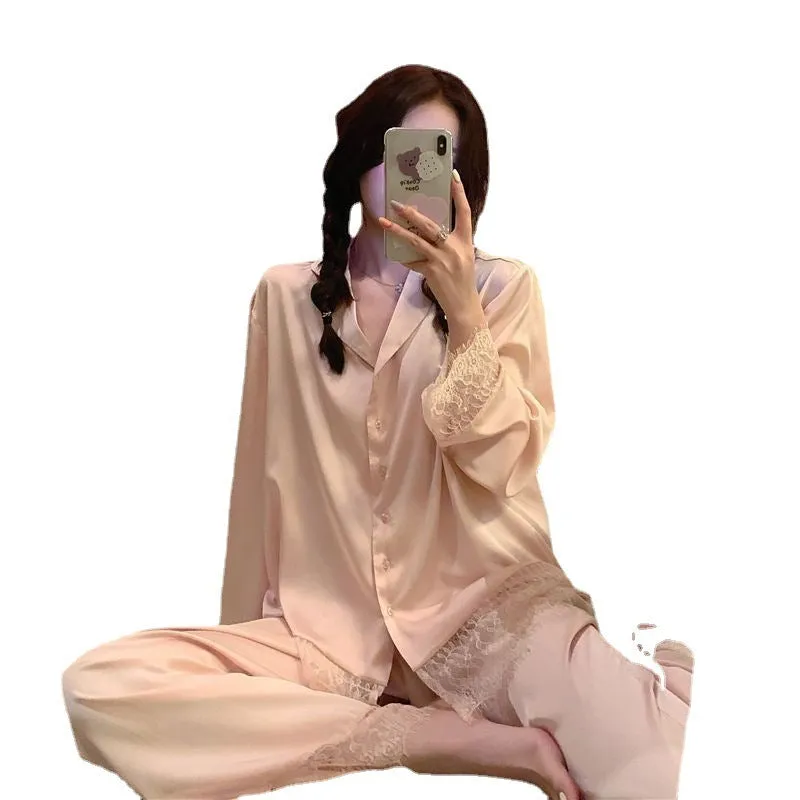 Pajamas Ice Silk Lace Long Sleeves And Trousers