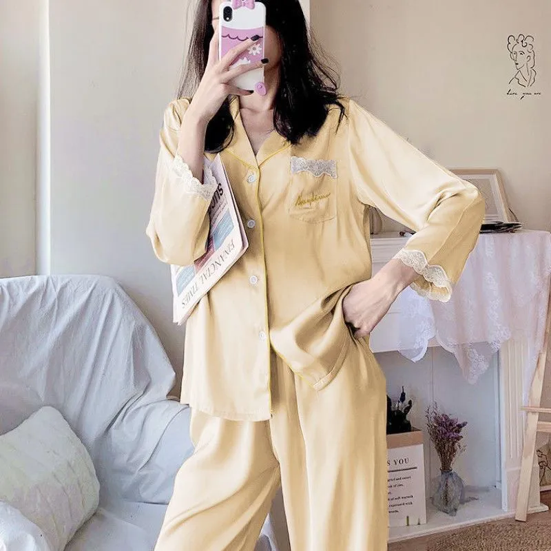 Pajamas Ice Silk Lace Long Sleeves And Trousers