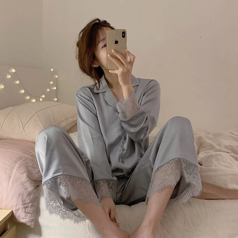 Pajamas Ice Silk Lace Long Sleeves And Trousers