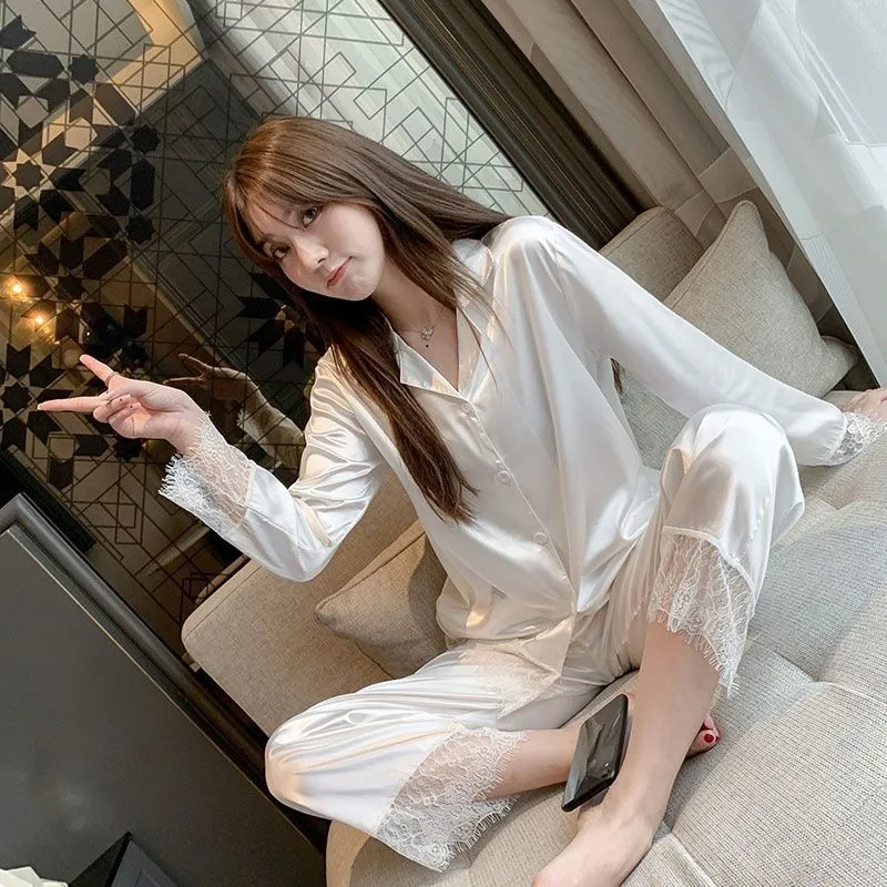 Pajamas Ice Silk Lace Long Sleeves And Trousers