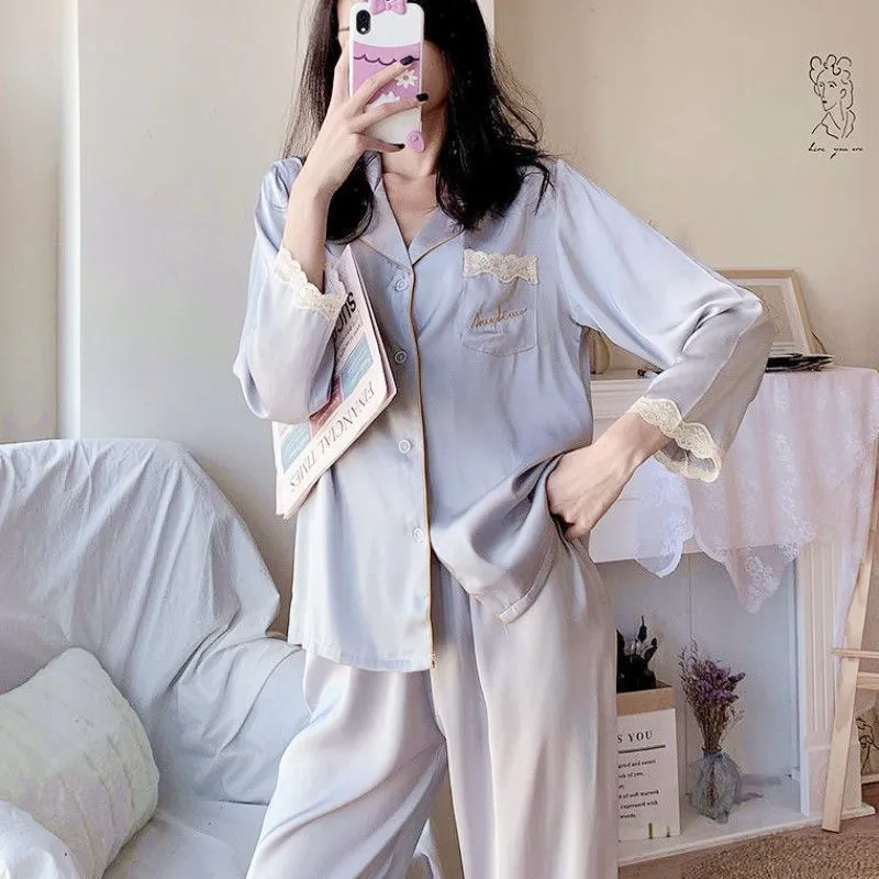 Pajamas Ice Silk Lace Long Sleeves And Trousers