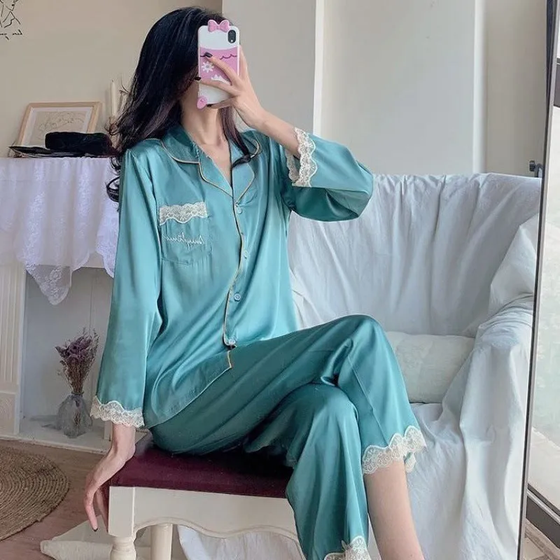 Pajamas Ice Silk Lace Long Sleeves And Trousers