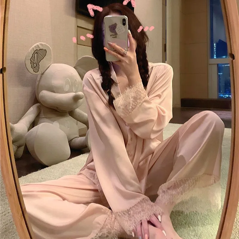 Pajamas Ice Silk Lace Long Sleeves And Trousers