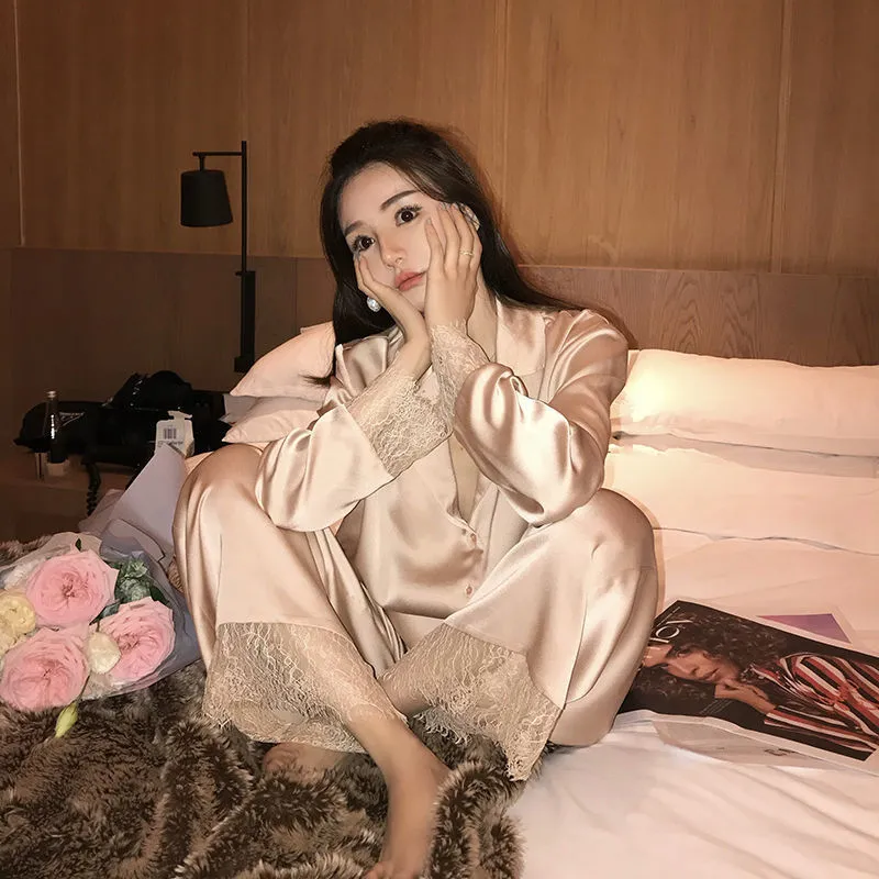 Pajamas Ice Silk Lace Long Sleeves And Trousers