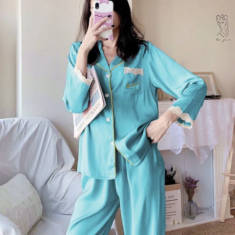 Pajamas Ice Silk Lace Long Sleeves And Trousers