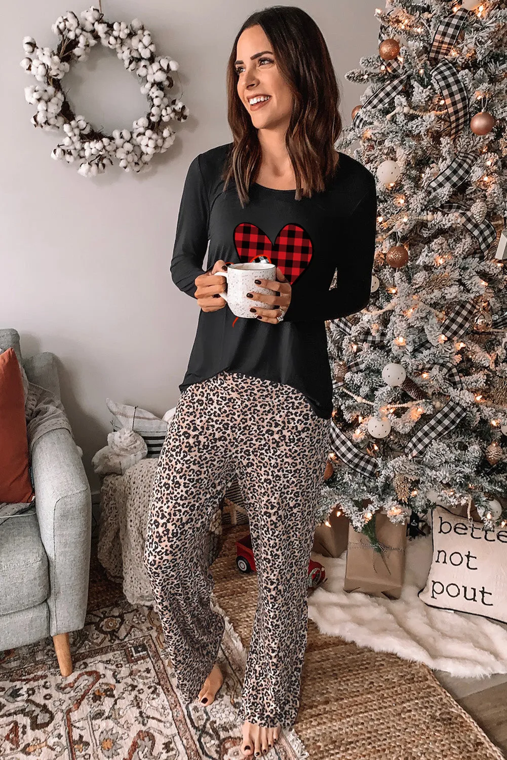 Plaid Heart Long Sleeve Pullover and Leopard Pants Lounge Set